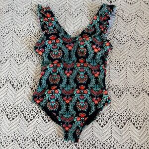 Jessica Simpson One Piece Swimsuit Black Ruffle Floral Flowers Women's Size L